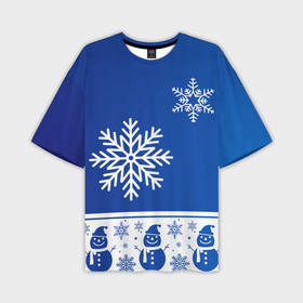Мужская футболка OVERSIZE 3D с принтом Снеговики в снежинках синие в Тюмени,  |  | Тематика изображения на принте: 