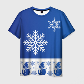 Мужская футболка 3D с принтом Снеговики в снежинках синие в Тюмени, 100% полиэфир | прямой крой, круглый вырез горловины, длина до линии бедер | 