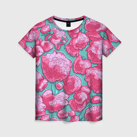 Женская футболка 3D с принтом Пышные цветы   пионы в Кировске, 100% полиэфир ( синтетическое хлопкоподобное полотно) | прямой крой, круглый вырез горловины, длина до линии бедер | 