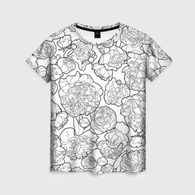 Женская футболка 3D с принтом Пышные Пионы: линейный рисунок в Новосибирске, 100% полиэфир ( синтетическое хлопкоподобное полотно) | прямой крой, круглый вырез горловины, длина до линии бедер | 