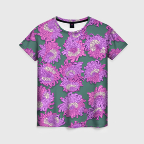 Женская футболка 3D с принтом Яркие хризантемы , 100% полиэфир ( синтетическое хлопкоподобное полотно) | прямой крой, круглый вырез горловины, длина до линии бедер | 