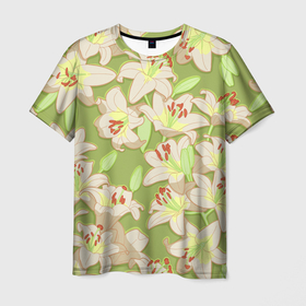 Мужская футболка 3D с принтом Нежные цветы   лилии: цветной паттерн в Белгороде, 100% полиэфир | прямой крой, круглый вырез горловины, длина до линии бедер | 