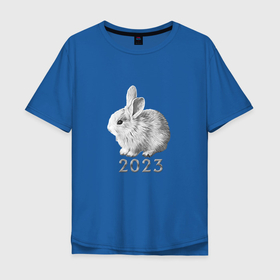 Мужская футболка хлопок Oversize с принтом Новогодний белый кролик, символ 2023 года в Белгороде, 100% хлопок | свободный крой, круглый ворот, “спинка” длиннее передней части | 