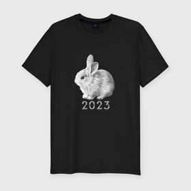 Мужская футболка хлопок Slim с принтом Новогодний белый кролик, символ 2023 года в Белгороде, 92% хлопок, 8% лайкра | приталенный силуэт, круглый вырез ворота, длина до линии бедра, короткий рукав | 