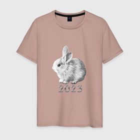 Мужская футболка хлопок с принтом Новогодний белый кролик, символ 2023 года в Белгороде, 100% хлопок | прямой крой, круглый вырез горловины, длина до линии бедер, слегка спущенное плечо. | 