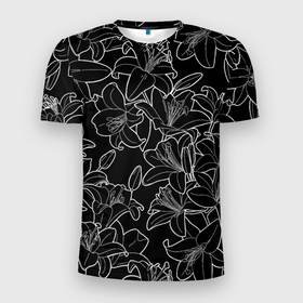 Мужская футболка 3D Slim с принтом Нежные цветы   лилии: черно белыи в Санкт-Петербурге, 100% полиэстер с улучшенными характеристиками | приталенный силуэт, круглая горловина, широкие плечи, сужается к линии бедра | 