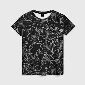 Женская футболка 3D с принтом Нежные цветы   лилии: черно белыи в Тюмени, 100% полиэфир ( синтетическое хлопкоподобное полотно) | прямой крой, круглый вырез горловины, длина до линии бедер | 