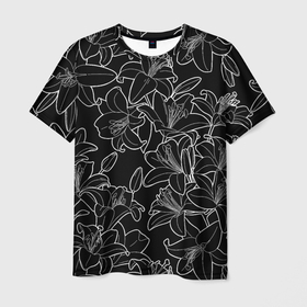 Мужская футболка 3D с принтом Нежные цветы   лилии: черно белыи в Курске, 100% полиэфир | прямой крой, круглый вырез горловины, длина до линии бедер | Тематика изображения на принте: 
