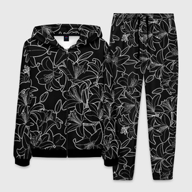 Мужской костюм 3D с принтом Нежные цветы   лилии: черно белыи в Петрозаводске, 100% полиэстер | Манжеты и пояс оформлены тканевой резинкой, двухслойный капюшон со шнурком для регулировки, карманы спереди | 