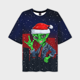 Мужская футболка OVERSIZE 3D с принтом Инопланетянин в новогодней шапке в Курске,  |  | 