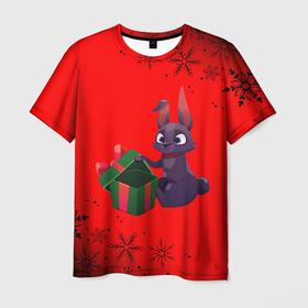 Мужская футболка 3D с принтом Новогодний кролик с подарочком , 100% полиэфир | прямой крой, круглый вырез горловины, длина до линии бедер | Тематика изображения на принте: 