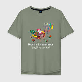 Мужская футболка хлопок Oversize с принтом Веселого Рождества грязное животное в Тюмени, 100% хлопок | свободный крой, круглый ворот, “спинка” длиннее передней части | Тематика изображения на принте: 