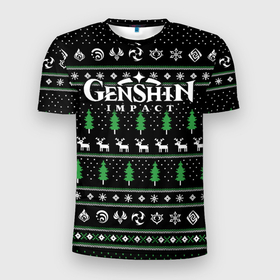 Мужская футболка 3D Slim с принтом Новогодний свитер   Genshin impact в Новосибирске, 100% полиэстер с улучшенными характеристиками | приталенный силуэт, круглая горловина, широкие плечи, сужается к линии бедра | 
