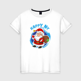 Женская футболка хлопок с принтом Мультяшный Санта Клаус с мешком подарков в Петрозаводске, 100% хлопок | прямой крой, круглый вырез горловины, длина до линии бедер, слегка спущенное плечо | 