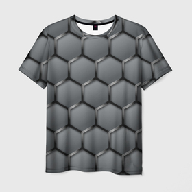 Мужская футболка 3D с принтом Стальные шестигранники на сером фоне в Петрозаводске, 100% полиэфир | прямой крой, круглый вырез горловины, длина до линии бедер | 