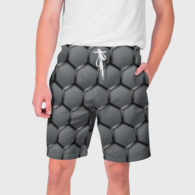 Мужские шорты 3D с принтом Стальные шестигранники на сером фоне в Курске,  полиэстер 100% | прямой крой, два кармана без застежек по бокам. Мягкая трикотажная резинка на поясе, внутри которой широкие завязки. Длина чуть выше колен | 