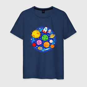 Мужская футболка хлопок с принтом Мультяшный космос планеты звезды в Новосибирске, 100% хлопок | прямой крой, круглый вырез горловины, длина до линии бедер, слегка спущенное плечо. | 