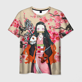 Мужская футболка 3D с принтом Незуко Камадо под сакурой в Курске, 100% полиэфир | прямой крой, круглый вырез горловины, длина до линии бедер | Тематика изображения на принте: 