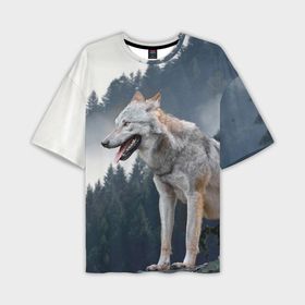 Мужская футболка OVERSIZE 3D с принтом Волк на фоне леса ,  |  | 
