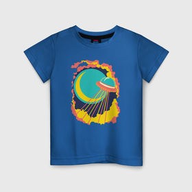 Детская футболка хлопок с принтом Летающая тарелка в небе в Санкт-Петербурге, 100% хлопок | круглый вырез горловины, полуприлегающий силуэт, длина до линии бедер | 