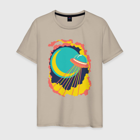 Мужская футболка хлопок с принтом Летающая тарелка в небе в Тюмени, 100% хлопок | прямой крой, круглый вырез горловины, длина до линии бедер, слегка спущенное плечо. | 