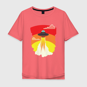 Мужская футболка хлопок Oversize с принтом Ретро летающий корабль НЛО в Курске, 100% хлопок | свободный крой, круглый ворот, “спинка” длиннее передней части | 