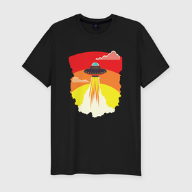 Мужская футболка хлопок Slim с принтом Ретро летающий корабль НЛО в Санкт-Петербурге, 92% хлопок, 8% лайкра | приталенный силуэт, круглый вырез ворота, длина до линии бедра, короткий рукав | 