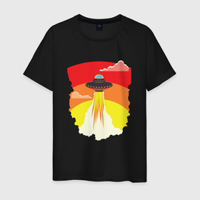 Мужская футболка хлопок с принтом Ретро летающий корабль НЛО в Курске, 100% хлопок | прямой крой, круглый вырез горловины, длина до линии бедер, слегка спущенное плечо. | 