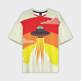 Мужская футболка OVERSIZE 3D с принтом Ретро футуризм летающий корабль НЛО в Курске,  |  | 