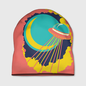 Шапка 3D с принтом Летающая тарелка в небе ретро футуризм в Тюмени, 100% полиэстер | универсальный размер, печать по всей поверхности изделия | 