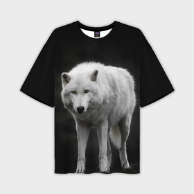 Мужская футболка OVERSIZE 3D с принтом Белый волк на темном фоне ,  |  | 