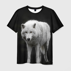 Мужская футболка 3D с принтом Белый волк на темном фоне в Новосибирске, 100% полиэфир | прямой крой, круглый вырез горловины, длина до линии бедер | 
