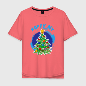 Мужская футболка хлопок Oversize с принтом Мультяшная новогодняя ёлка в Санкт-Петербурге, 100% хлопок | свободный крой, круглый ворот, “спинка” длиннее передней части | Тематика изображения на принте: 