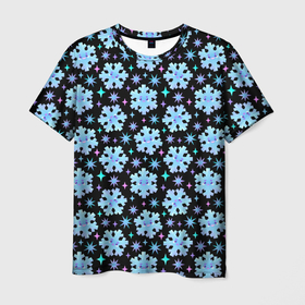 Мужская футболка 3D с принтом Яркие зимние снежинки с цветными звездами в Белгороде, 100% полиэфир | прямой крой, круглый вырез горловины, длина до линии бедер | 