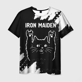 Мужская футболка 3D с принтом Группа Iron Maiden и рок кот в Кировске, 100% полиэфир | прямой крой, круглый вырез горловины, длина до линии бедер | 