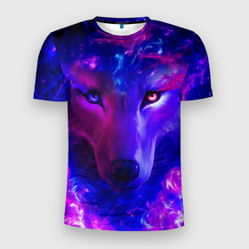 Мужская футболка 3D Slim с принтом Волшебный звездный волк в Санкт-Петербурге, 100% полиэстер с улучшенными характеристиками | приталенный силуэт, круглая горловина, широкие плечи, сужается к линии бедра | 