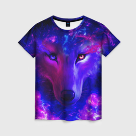 Женская футболка 3D с принтом Волшебный звездный волк в Санкт-Петербурге, 100% полиэфир ( синтетическое хлопкоподобное полотно) | прямой крой, круглый вырез горловины, длина до линии бедер | 
