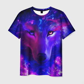 Мужская футболка 3D с принтом Волшебный звездный волк в Санкт-Петербурге, 100% полиэфир | прямой крой, круглый вырез горловины, длина до линии бедер | 