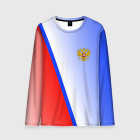 Мужской лонгслив 3D с принтом Россия полосы с гербом в Курске, 100% полиэстер | длинные рукава, круглый вырез горловины, полуприлегающий силуэт | Тематика изображения на принте: 