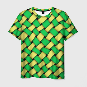 Мужская футболка 3D с принтом Жёлто зелёная плетёнка   оптическая иллюзия в Кировске, 100% полиэфир | прямой крой, круглый вырез горловины, длина до линии бедер | 