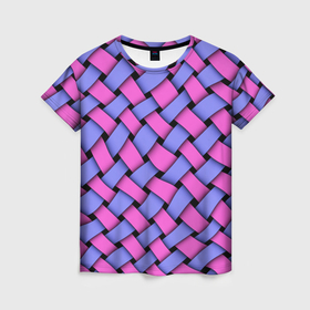 Женская футболка 3D с принтом Фиолетово сиреневая плетёнка   оптическая иллюзия в Петрозаводске, 100% полиэфир ( синтетическое хлопкоподобное полотно) | прямой крой, круглый вырез горловины, длина до линии бедер | 