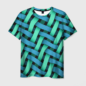 Мужская футболка 3D с принтом Сине зелёная плетёнка   оптическая иллюзия в Петрозаводске, 100% полиэфир | прямой крой, круглый вырез горловины, длина до линии бедер | Тематика изображения на принте: 