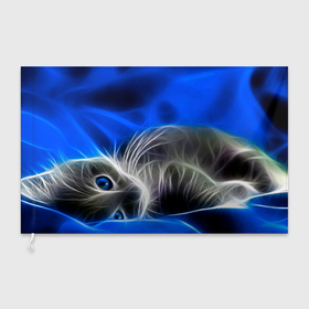 Флаг 3D с принтом Спящий неоновый котёнок на синем фоне в Петрозаводске, 100% полиэстер | плотность ткани — 95 г/м2, размер — 67 х 109 см. Принт наносится с одной стороны | 