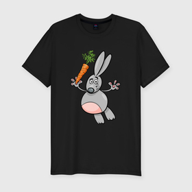 Мужская футболка хлопок Slim с принтом Заяц с морковкой в полете , 92% хлопок, 8% лайкра | приталенный силуэт, круглый вырез ворота, длина до линии бедра, короткий рукав | Тематика изображения на принте: 