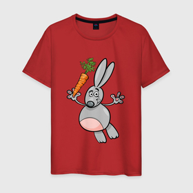 Мужская футболка хлопок с принтом Заяц с морковкой в полете , 100% хлопок | прямой крой, круглый вырез горловины, длина до линии бедер, слегка спущенное плечо. | Тематика изображения на принте: 