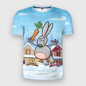 Мужская футболка 3D Slim с принтом Заяц с морковкой   новый год в Екатеринбурге, 100% полиэстер с улучшенными характеристиками | приталенный силуэт, круглая горловина, широкие плечи, сужается к линии бедра | 