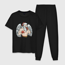 Мужская пижама хлопок с принтом Крутой Санта в Санкт-Петербурге, 100% хлопок | брюки и футболка прямого кроя, без карманов, на брюках мягкая резинка на поясе и по низу штанин
 | 