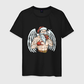 Мужская футболка хлопок с принтом Крутой Санта в Екатеринбурге, 100% хлопок | прямой крой, круглый вырез горловины, длина до линии бедер, слегка спущенное плечо. | 
