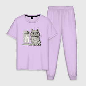 Мужская пижама хлопок с принтом Дикий и свободный кот в Тюмени, 100% хлопок | брюки и футболка прямого кроя, без карманов, на брюках мягкая резинка на поясе и по низу штанин
 | 