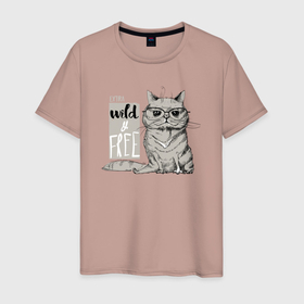 Мужская футболка хлопок с принтом Дикий и свободный кот в Тюмени, 100% хлопок | прямой крой, круглый вырез горловины, длина до линии бедер, слегка спущенное плечо. | 